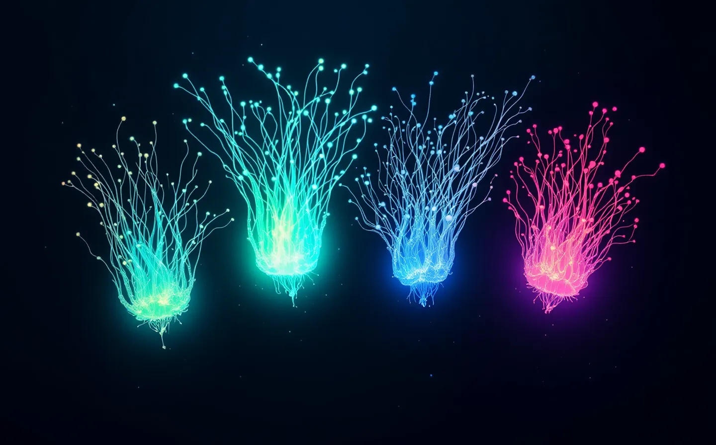 Abstract deep-sea illustration of four bioluminescent peptide specimens glowing in dark water
